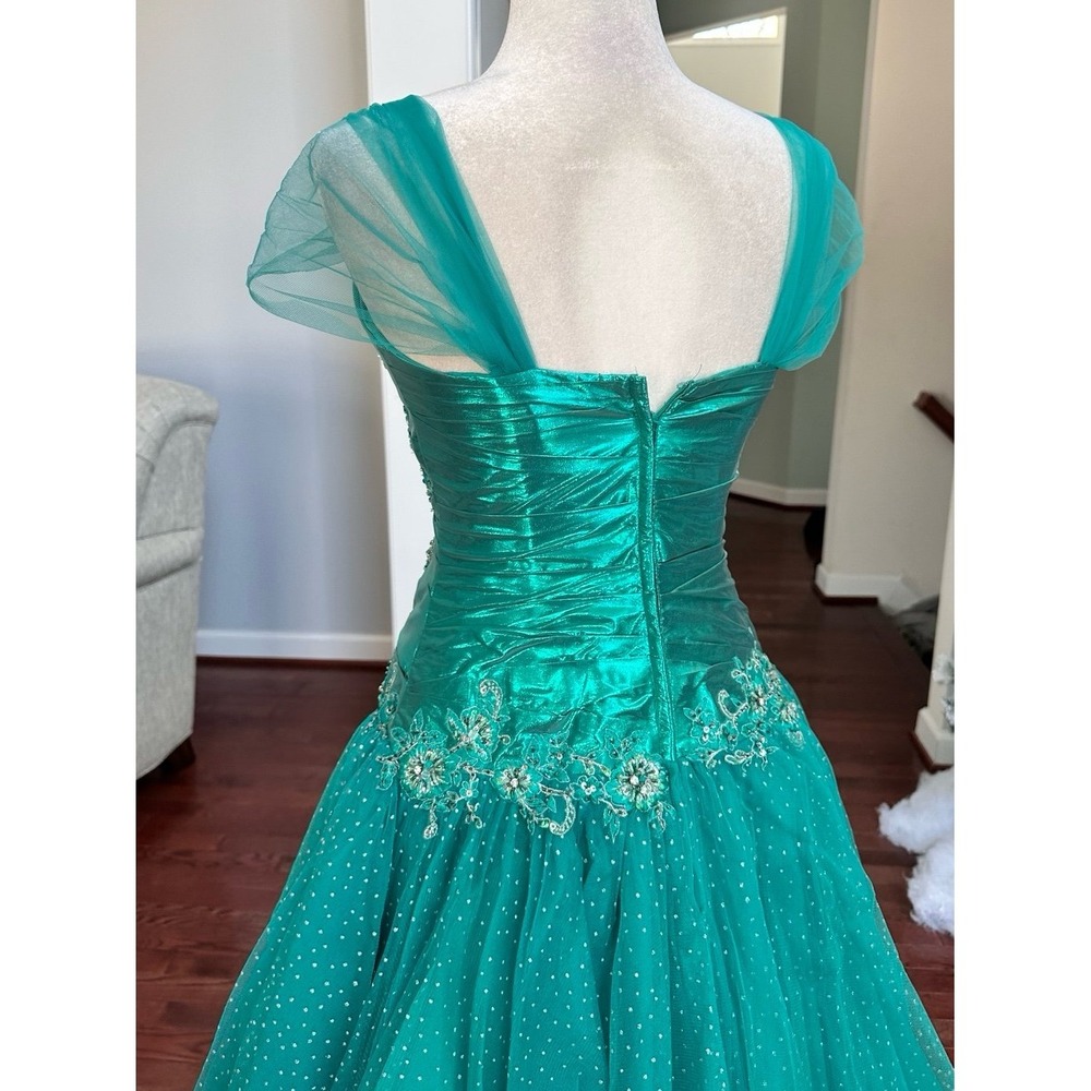 Vintage Luxury Alyce Designs Teal Green Glitter Puffy Tulle Princess Gown Dress - Picture 6 of 12